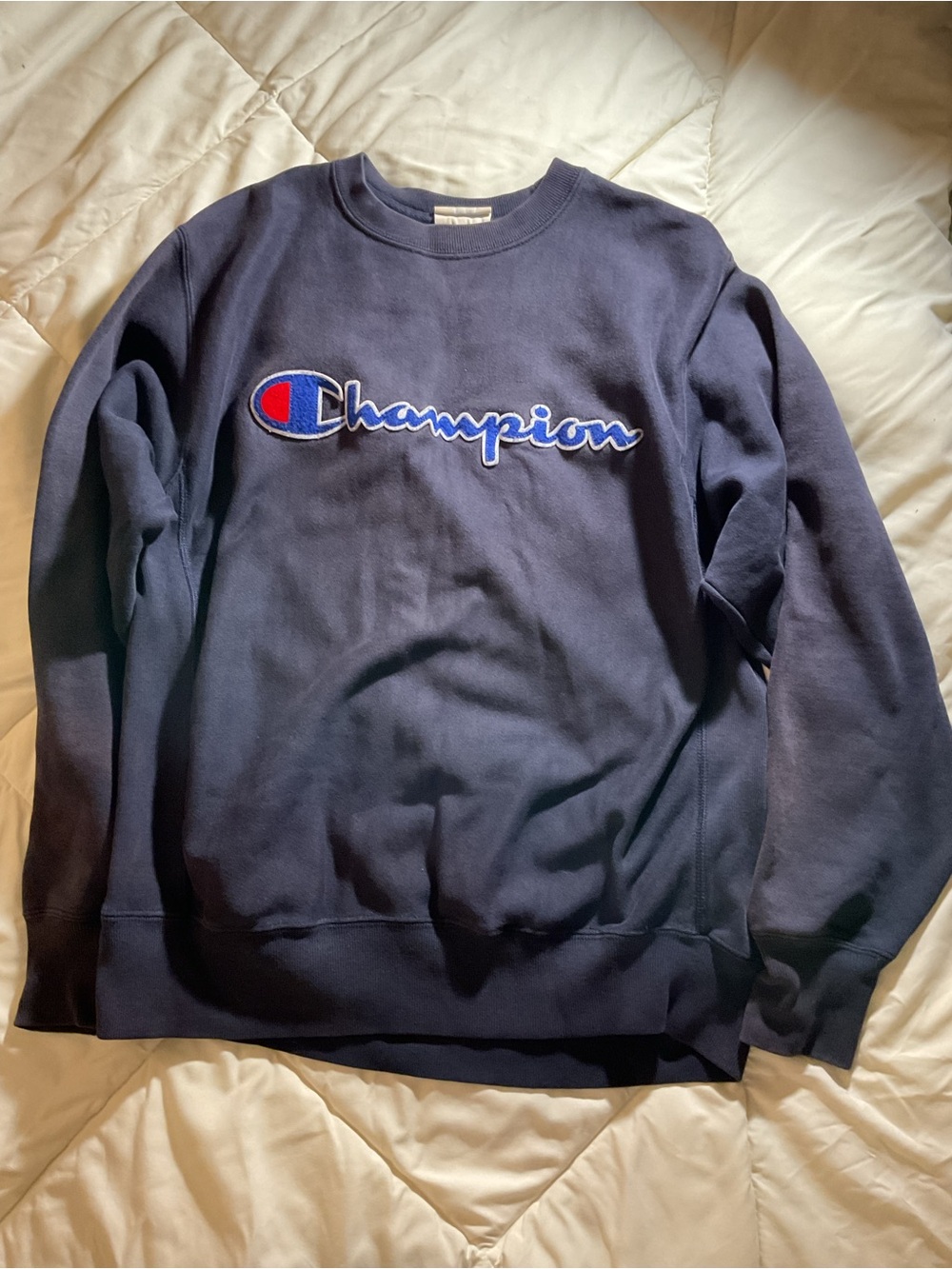 Champion Navy Crewneck with Script Logo and Red Accent